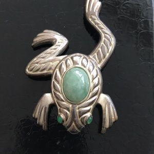 Frog pin large, solid sterling silver and jade PIN pendant